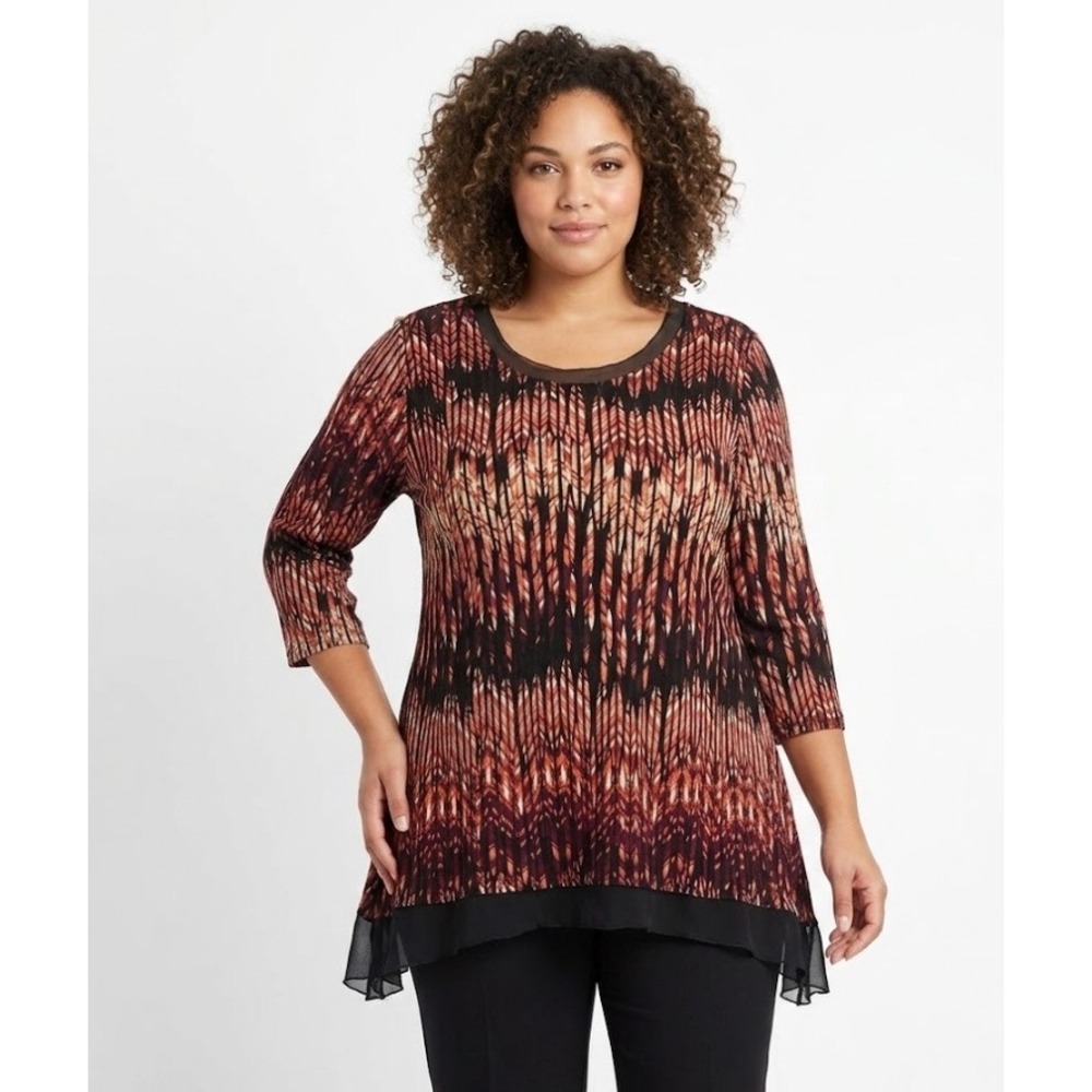 Cato size 18/20W Brown Black Chevron Boho Print Stretch Knit Ruffle Tunic‎